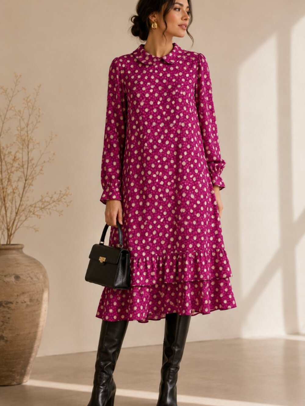 Vintage Helga for I. Magnin Fuchsia Polka Dot Ruffle Midi Dress Size 12